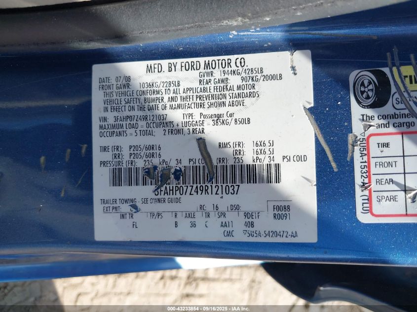 2009 Ford Fusion Se VIN: 3FAHP07Z49R121037 Lot: 43233854