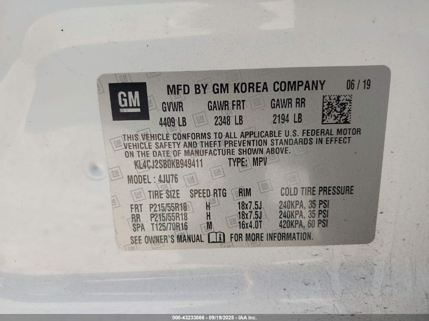 2019 Buick Encore Awd Sport Touring VIN: KL4CJ2SB0KB949411 Lot: 43233866