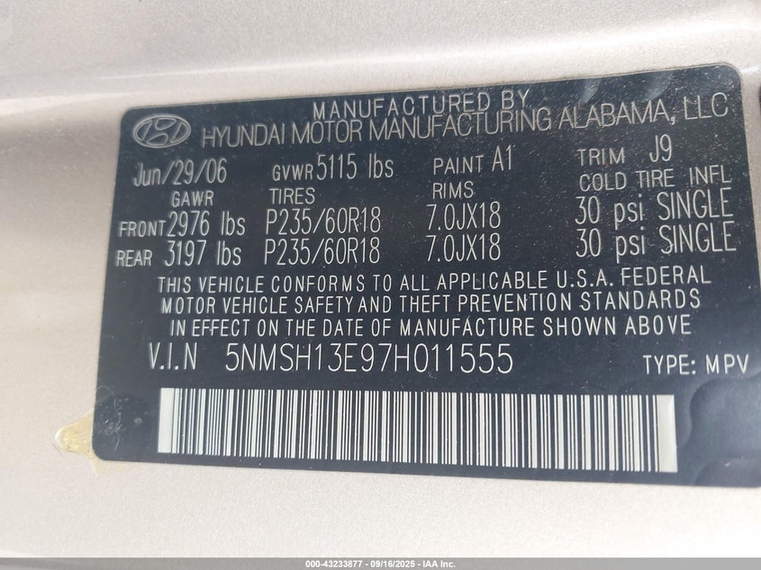 2007 Hyundai Santa Fe Limited/Se VIN: 5NMSH13E97H011555 Lot: 43233877