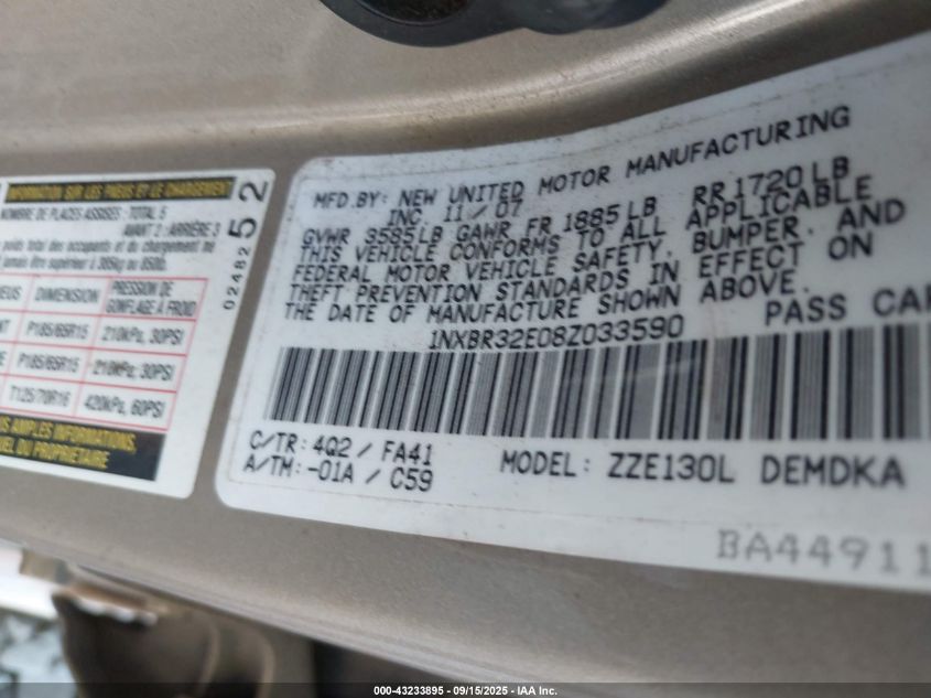 2008 Toyota Corolla Ce VIN: 1NXBR32E08Z033590 Lot: 43233895