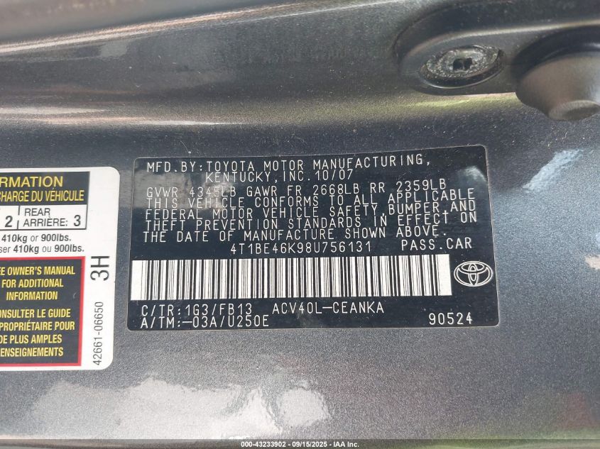 2008 Toyota Camry Le VIN: 4T1BE46K98U756131 Lot: 43233902