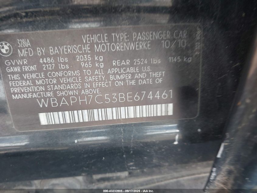 2011 BMW 328I VIN: WBAPH7C53BE674461 Lot: 43233905