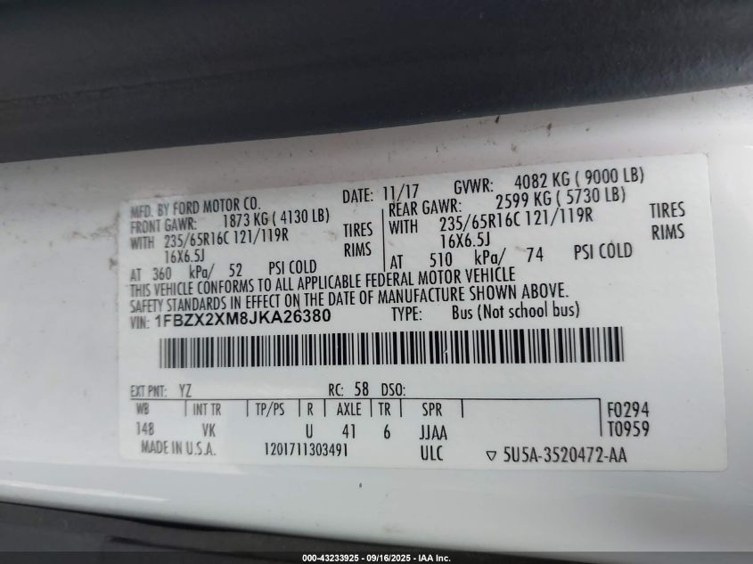 2018 Ford Transit Xl VIN: 1FBZX2XM8JKA2638 Lot: 43233925