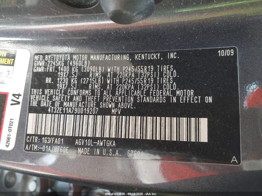 2009 Toyota Venza VIN: 4T3ZE11A79U019207 Lot: 43233938