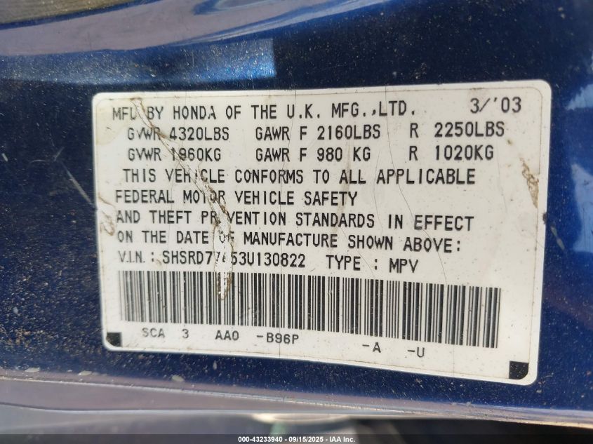 2003 Honda Cr-V Lx VIN: SHSRD77453U130822 Lot: 43233940