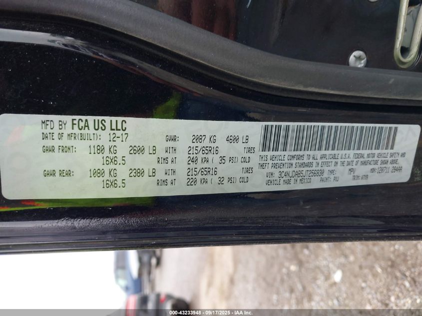 2018 Jeep Compass Sport 4X4 VIN: 3C4NJDAB5JT256830 Lot: 43233948