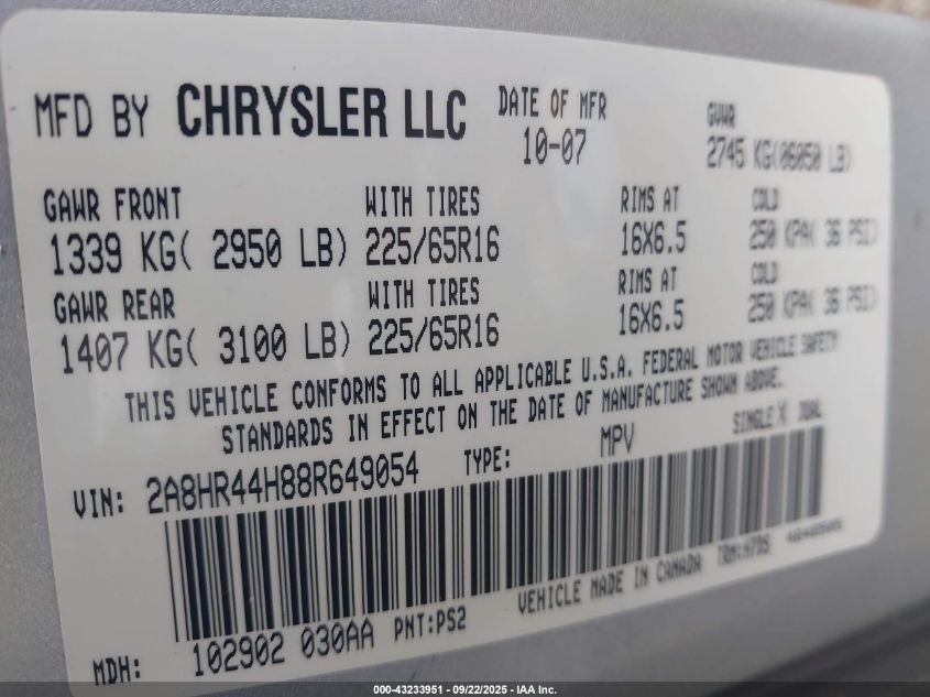 2008 Chrysler Town & Country Lx VIN: 2A8HR44H88R649054 Lot: 43233951