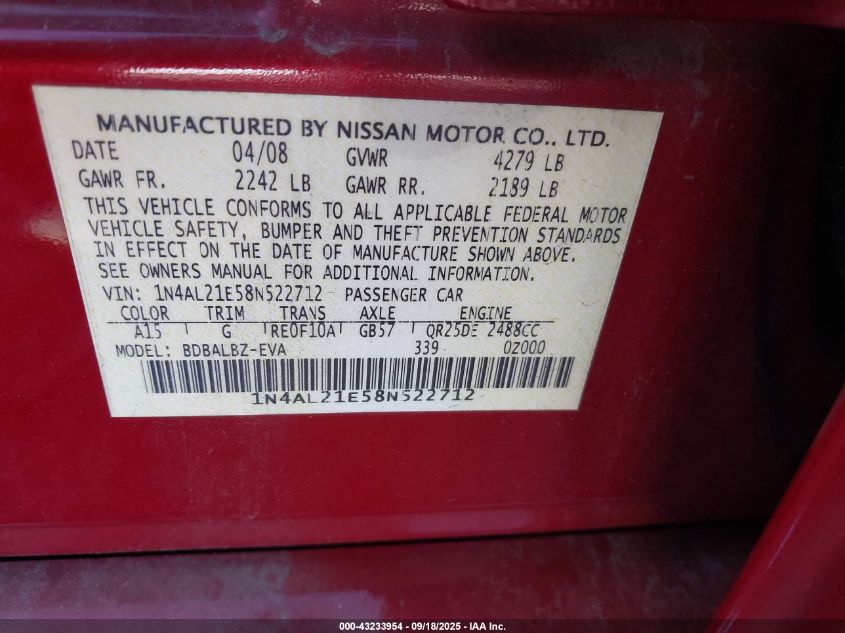 2008 Nissan Altima 2.5 S VIN: 1N4AL21E58N522712 Lot: 43233954