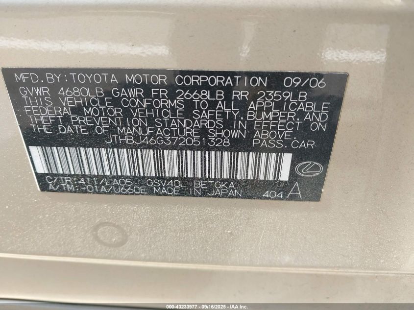 2007 Lexus Es 350 VIN: JTHBJ46G372051328 Lot: 43233977