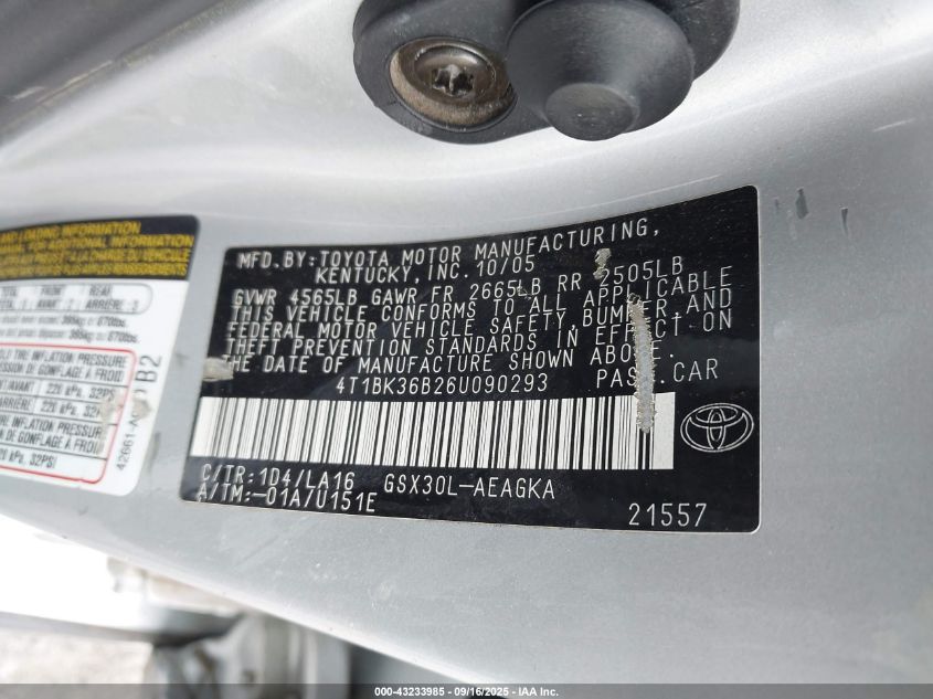 2006 Toyota Avalon Xls VIN: 4T1BK36B26U090293 Lot: 43233985