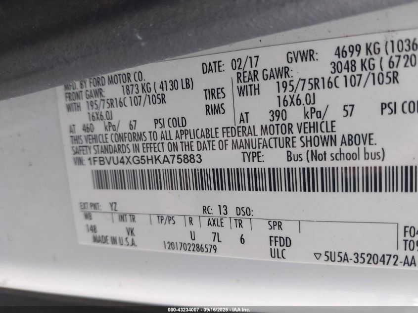 2017 Ford Transit-350 Xl VIN: 1FBVU4XG5HKA75883 Lot: 43234007