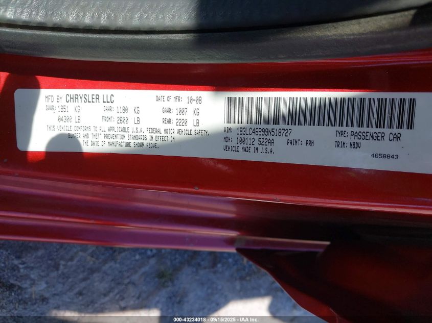 2009 Dodge Avenger Se/Sxt VIN: 1B3LC46B99N518727 Lot: 43234018