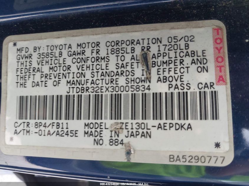 2003 Toyota Corolla Ce VIN: JTDBR32EX30005834 Lot: 43234024