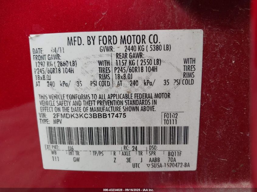 2011 Ford Edge Limited VIN: 2FMDK3KC3BBB17475 Lot: 43234028