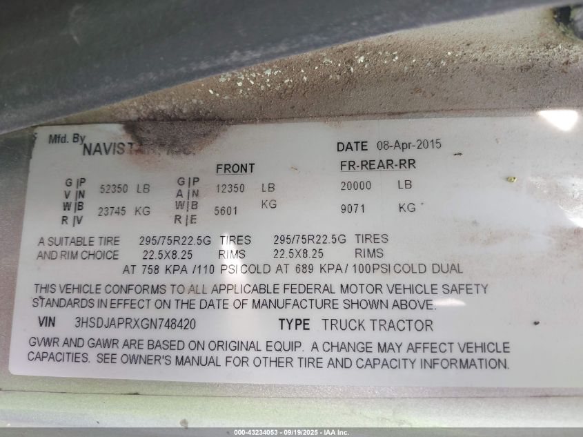 2016 International Prostar VIN: 3HSDJAPRXGN748420 Lot: 43234053