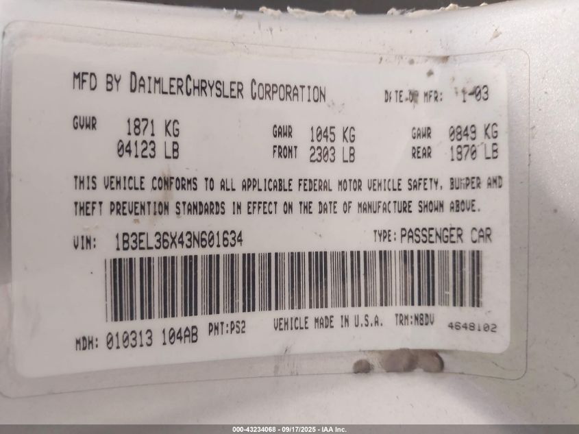 2003 Dodge Stratus Se VIN: 1B3EL36X43N601634 Lot: 43234068