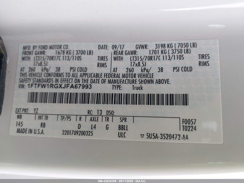 2018 Ford F-150 Raptor VIN: 1FTFW1RGXJFA67993 Lot: 43234109