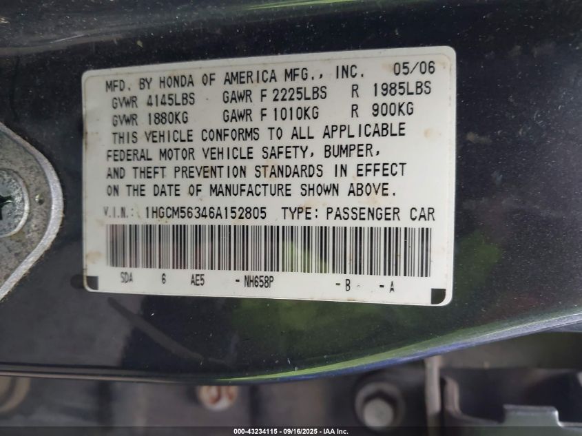 2006 Honda Accord 2.4 Se VIN: 1HGCM56346A152805 Lot: 43234115