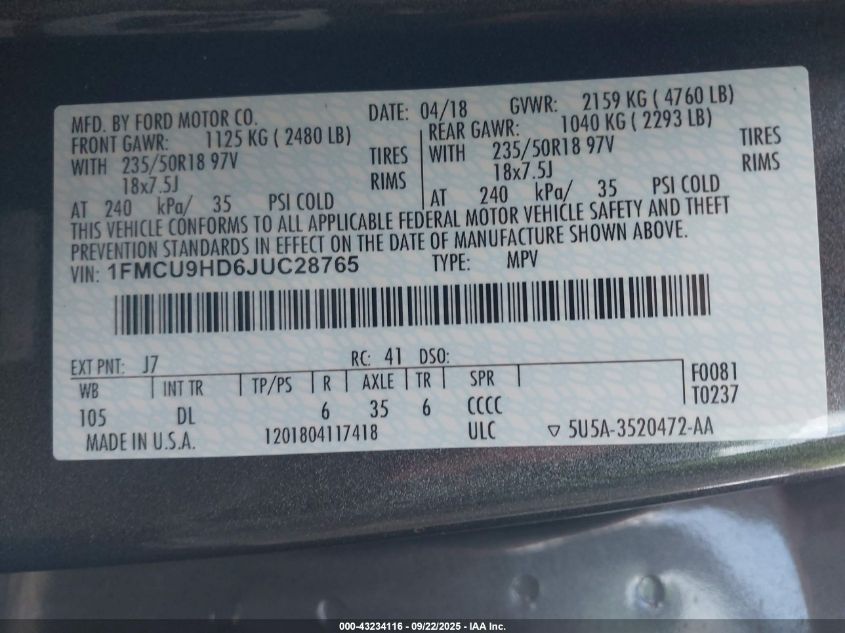 2018 Ford Escape Sel VIN: 1FMCU9HD6JUC28765 Lot: 43234116