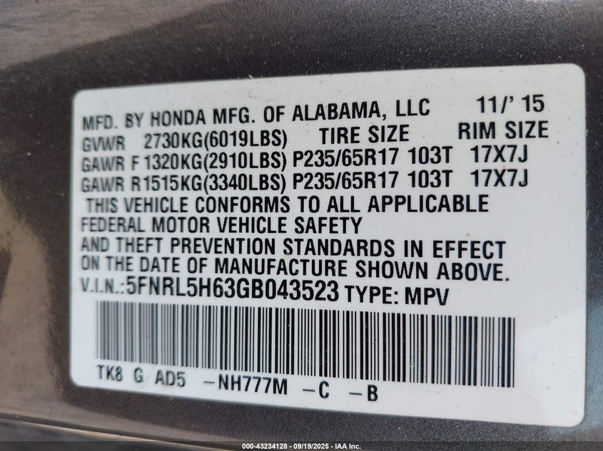 2016 Honda Odyssey Ex-L VIN: 5FNRL5H63GB043523 Lot: 43234128