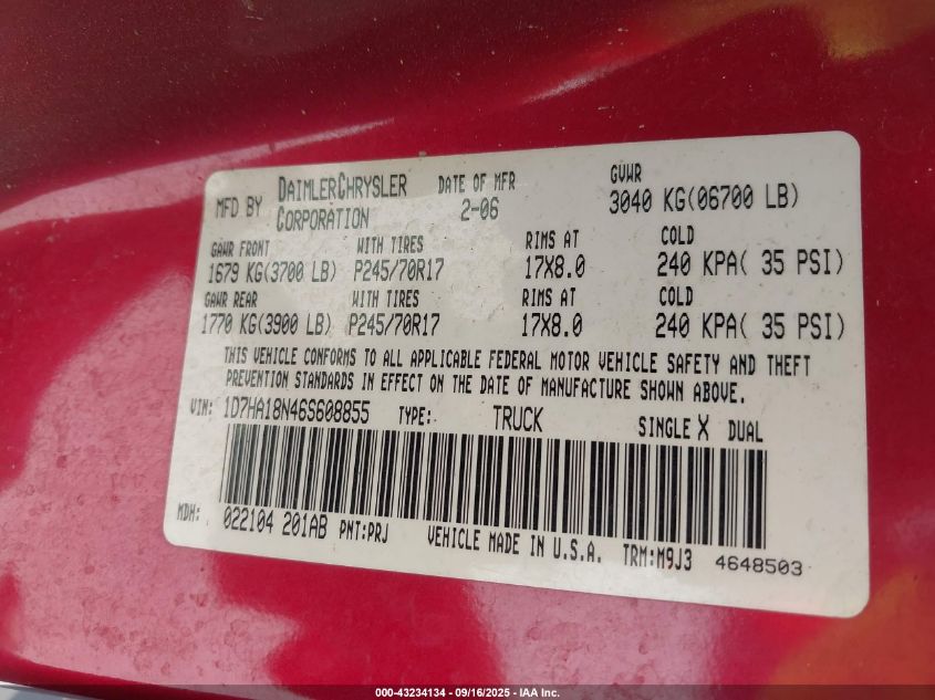 2006 Dodge Ram 1500 Slt VIN: 1D7HA18N46S608855 Lot: 43234134