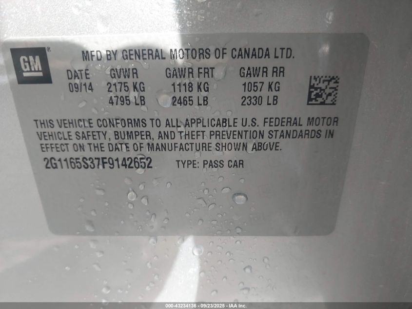 2015 Chevrolet Impala 2Lz VIN: 2G1165S37F9142652 Lot: 43234136
