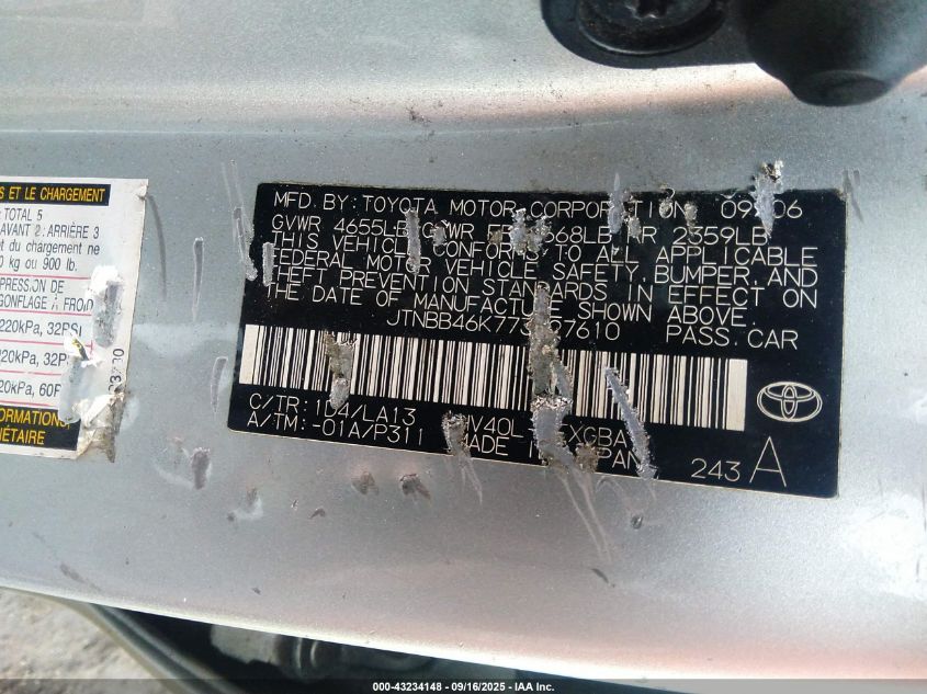 2007 Toyota Camry Hybrid VIN: JTNBB46K773027610 Lot: 43234148