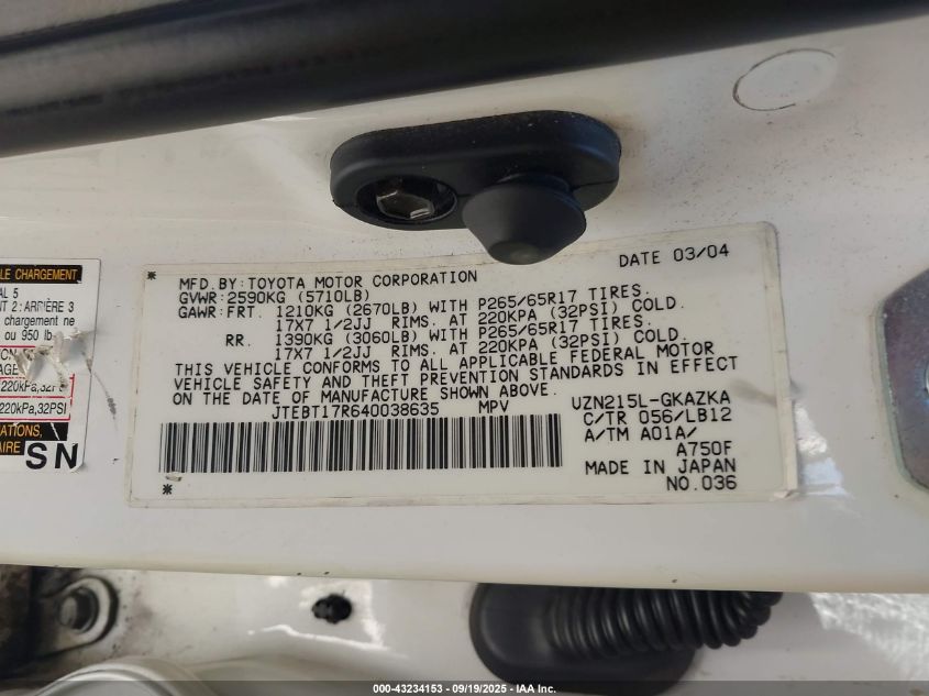 2004 Toyota 4Runner Limited V8 VIN: JTEBT17R640038635 Lot: 43234153