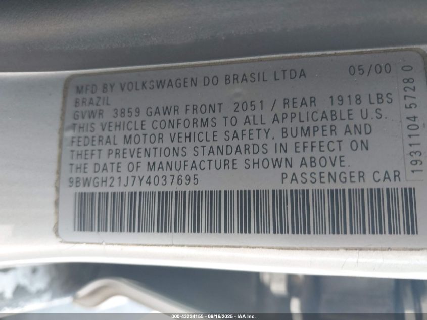 2000 Volkswagen Golf Gls 1.8L Turbo VIN: 9BWGH21J7Y4037695 Lot: 43234155