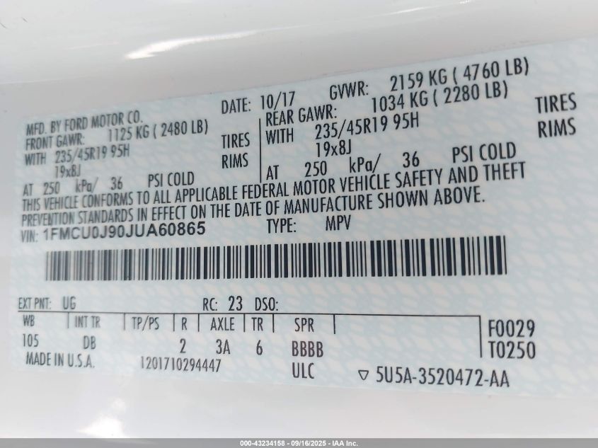 2018 Ford Escape Titanium VIN: 1FMCU0J90JUA60865 Lot: 43234158