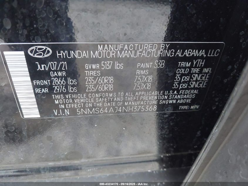 2022 Hyundai Santa Fe Sel VIN: 5NMS64AJ4NH375368 Lot: 43234170