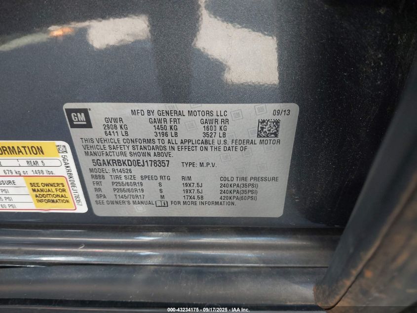 2014 Buick Enclave Leather VIN: 5GAKRBKD0EJ178357 Lot: 43234175