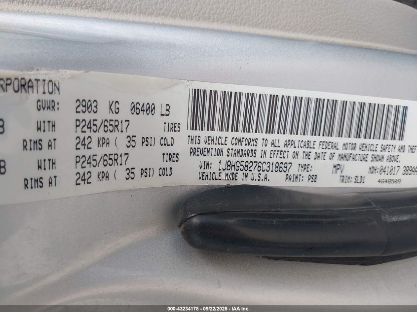 2006 Jeep Commander Limited VIN: 1J8HG58276C318697 Lot: 43234178