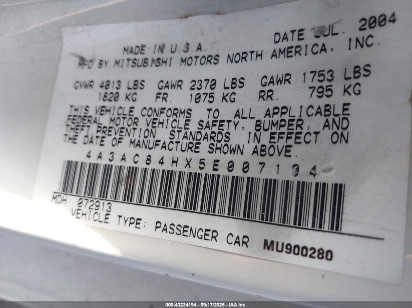 2005 Mitsubishi Eclipse Gt VIN: 4A3AC84HX5E007104 Lot: 43234194