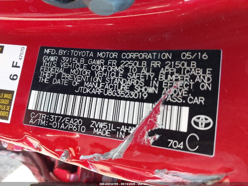 2016 Toyota Prius Four VIN: JTDKARFU8G3523019 Lot: 43234195