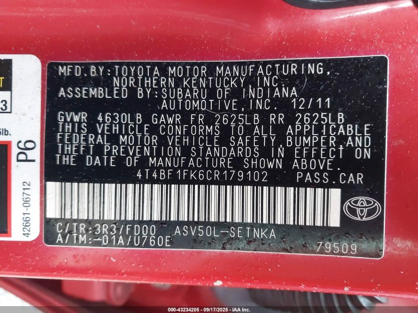 2012 Toyota Camry Le VIN: 4T4BF1FK6CR179102 Lot: 43234205