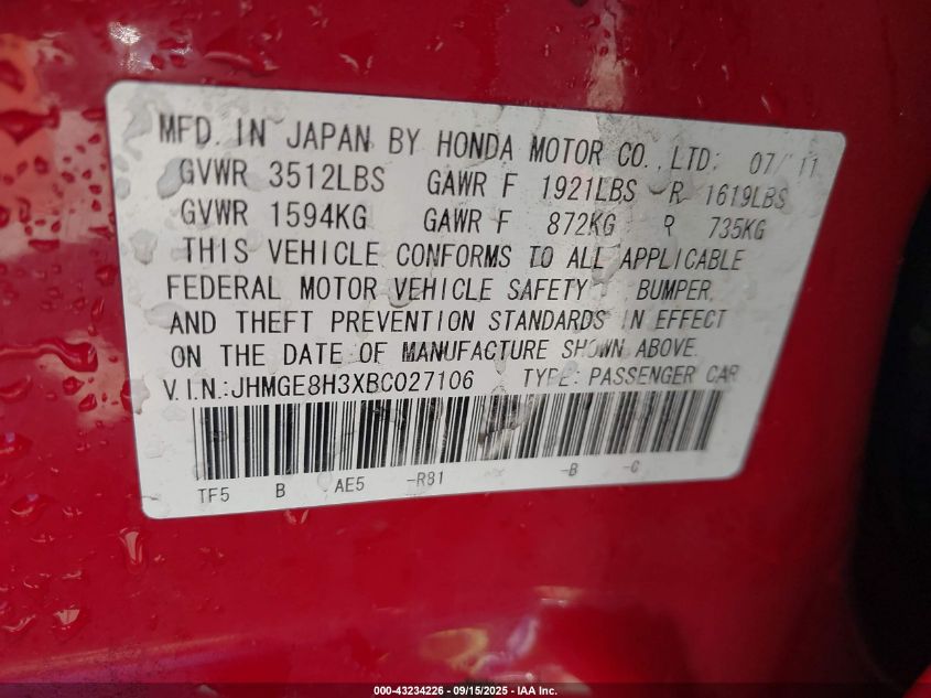 2011 Honda Fit VIN: JHMGE8H3XBC027106 Lot: 43234226