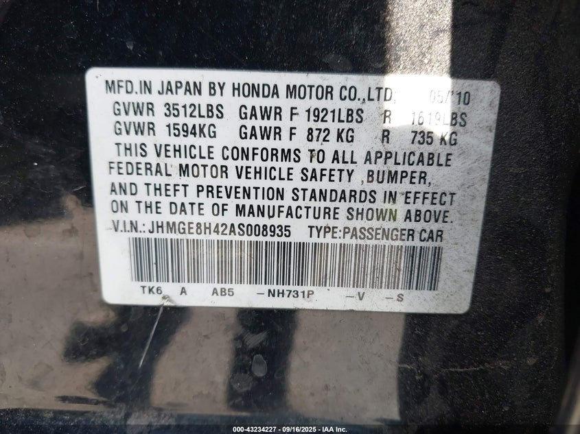 JHMGE8H42AS008935 2010 HONDA FIT photo no. 9