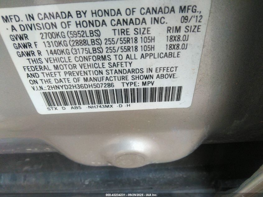 2013 Acura Mdx Technology Package VIN: 2HNYD2H36DH507286 Lot: 43234231