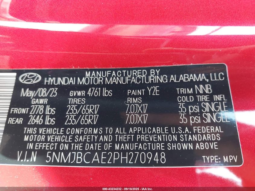 2023 Hyundai Tucson Sel VIN: 5NMJBCAE2PH270948 Lot: 43234232