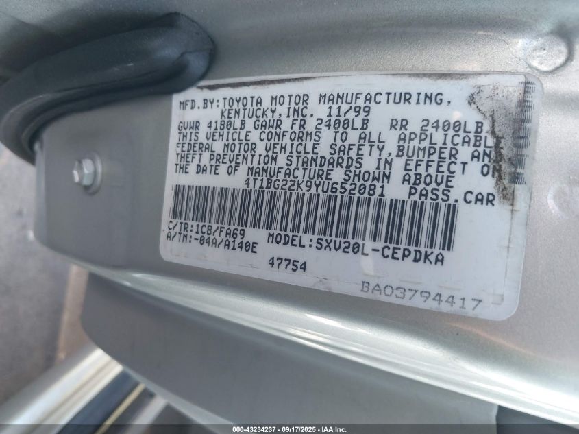 2000 Toyota Camry Ce/Le/Xle VIN: 4T1BG22K9YU652081 Lot: 43234237