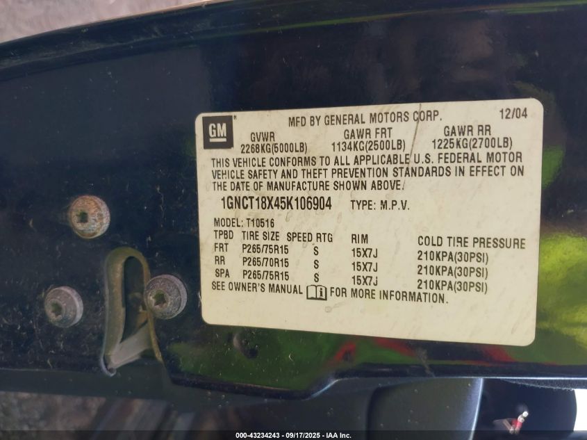 2005 Chevrolet Blazer Ls VIN: 1GNCT18X45K106904 Lot: 43234243