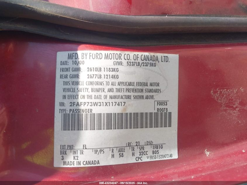 2001 Ford Crown Victoria VIN: 2FAFP73W31X117417 Lot: 43234247