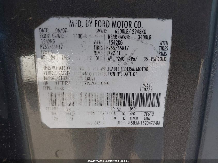 2007 Ford F-150 Stx/Xl/Xlt VIN: 1FTRF12277NA83059 Lot: 43234253