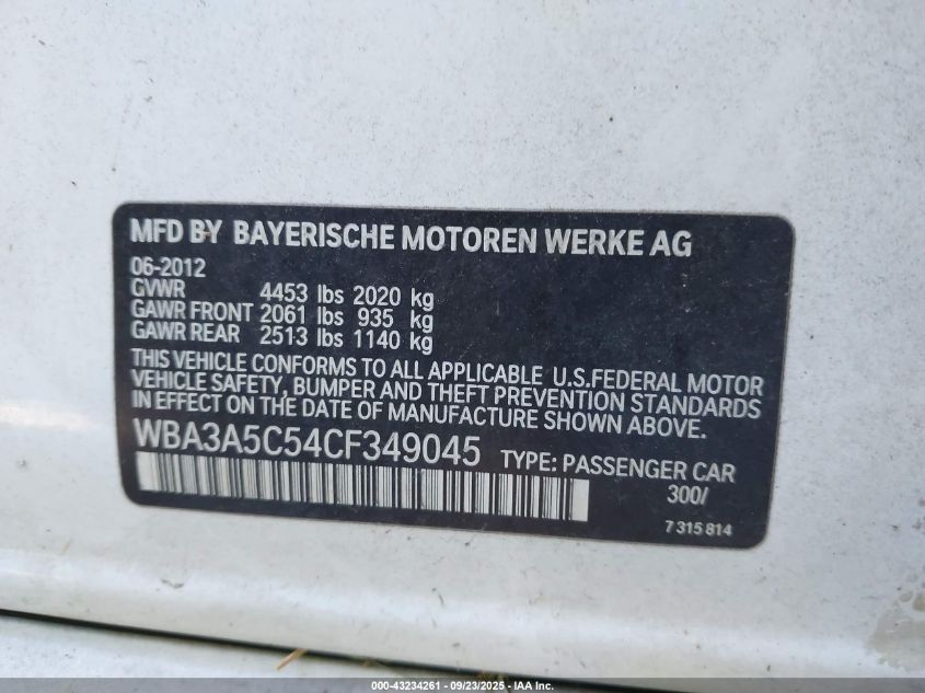 2012 BMW 328I VIN: WBA3A5C54CF349045 Lot: 43234261