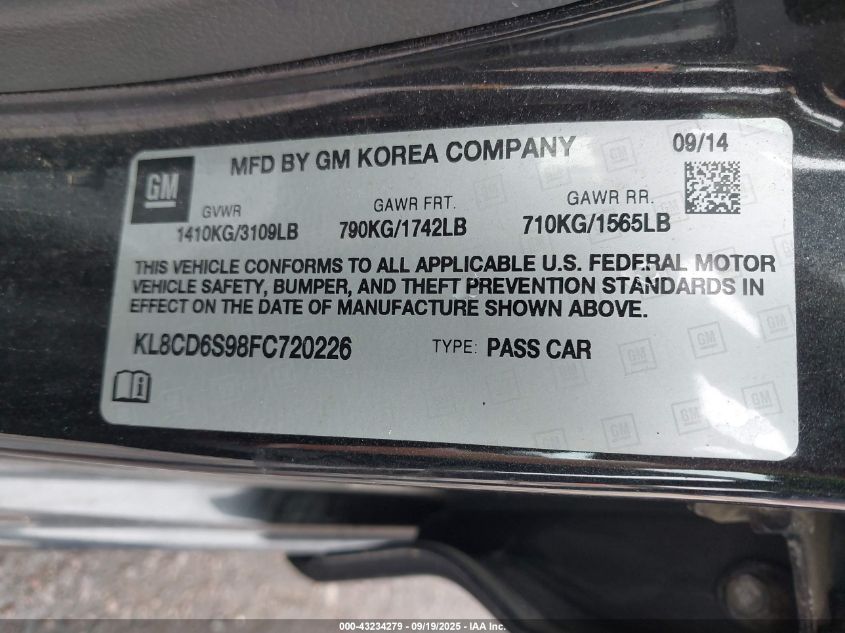 2015 Chevrolet Spark 1Lt Cvt VIN: KL8CD6S98FC720226 Lot: 43234279