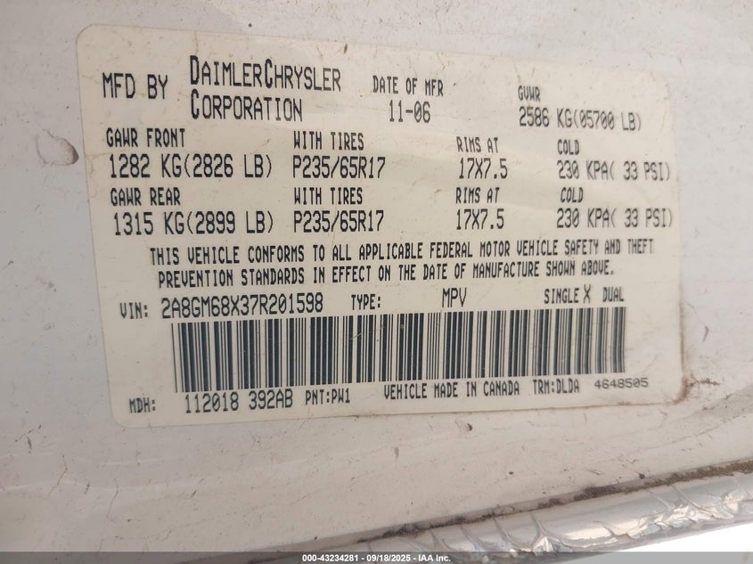 2007 Chrysler Pacifica Touring VIN: 2A8GM68X37R201598 Lot: 43234281