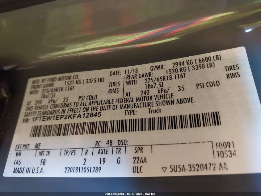 2019 Ford F-150 Xlt VIN: 1FTEW1EP2KFA12845 Lot: 43234284