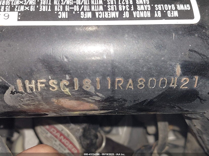 1994 Honda Vt1100 C VIN: 1HFSC1811RA800421 Lot: 43234296