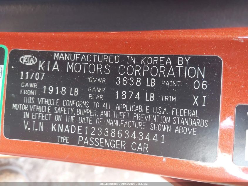 2008 Kia Rio Lx VIN: KNADE123386343441 Lot: 43234300